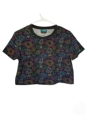 1507 * A.Lab Quinnie Allover Mushroom Print Crop Top Black Size M